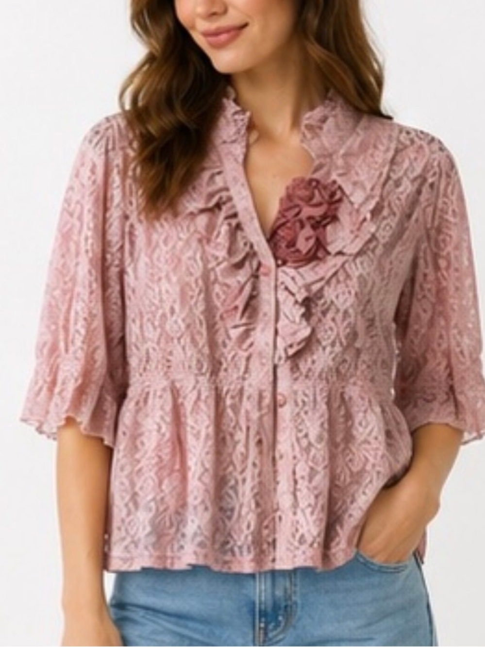 Hopeless Romantic Ruffled Lace Blouse - Dusty Pink